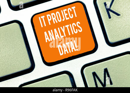 Writing note showing It Project Analytics Data. Business photo showcasing Information technologies modern applications Keyboard Intention to create co Stock Photo