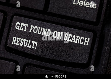 Writing note showing Get Found On Search Result. Business photo showcasing Search engine optimization good services Keyboard key Intention to create c Stock Photo