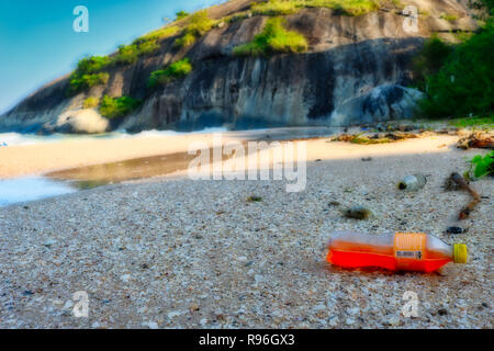 This shocking photo shows the totally plastic littered beach of Hua Hin in Thailand. These are the original beaches of Thailand land of garbage Stock Photo
