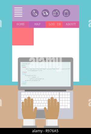 Illustration of creating a web page by a programmer. Work on a laptop. Vector. Stock Vector