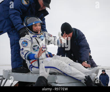 Ground personnel help NASA's Serena Aunon-Chancellor to get out of capsule after landing in a remote area outside the town of Zhezkazgan, formerly known as Dzhezkazgan, Kazakhstan, on Thursday, Dec. 20, 2018. Three astronauts have returned to Earth after more than six months aboard the International Space Station. (Shamil Zhumatov/Pool via AP) Stock Photo