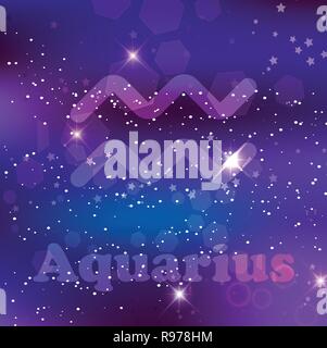 Aquarius Zodiac sign and constellation on a cosmic dark blue purple background with glowing stars and nebula. Vector illustration, banner, poster, car Stock Vector