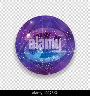 Cancer Zodiac sign and constellation on a cosmic purple sky with glowing stars and nebula isolated on transparent background. Vector neon icon, web bu Stock Vector
