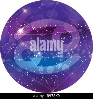 Cancer Zodiac sign and constellation on a cosmic purple sky with glowing stars and nebula isolated on white background. Vector neon icon, web button,  Stock Vector