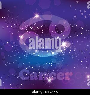 Cancer Zodiac sign and constellation on a cosmic purple background with glowing stars and nebula. Vector illustration, banner, poster, crab card. Spac Stock Vector