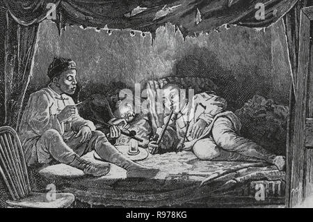 Opium smokers in a opium den. Engraving, 19th century. Stock Photo