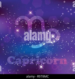 Capricorn Zodiac sign and constellation on cosmic background with glowing stars and nebula. Vector illustration, banner, poster, goat card. Space, ast Stock Vector