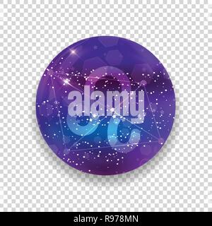 Leo Zodiac sign and constellation on a cosmic purple sky with glowing stars and nebula isolated on transparent background. Vector neon icon, web butto Stock Vector