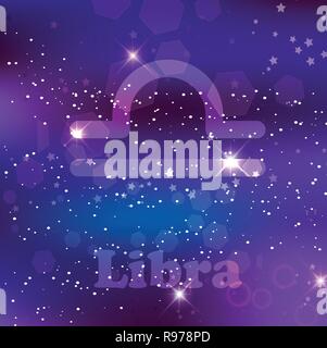 Libra Zodiac sign and constellation on cosmic purple background with glowing stars and nebula. Vector illustration, banner, poster, scales card. Space Stock Vector