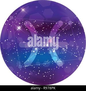 Pisces Zodiac sign and constellation on a cosmic purple sky with glowing stars and nebula isolated on white background. Vector neon icon, web button,  Stock Vector