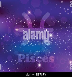 Pisces Zodiac sign and constellation on a cosmic purple background with glowing stars and nebula. Vector illustration, banner, poster, fish card. Spac Stock Vector