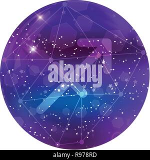 Sagittarius Zodiac sign and constellation on a cosmic purple sky with glowing stars and nebula isolated on white background. Vector neon icon, web but Stock Vector