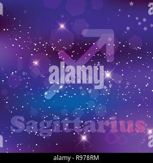 Sagittarius Zodiac sign and constellation on cosmic background with glowing stars and nebula. Vector illustration, banner, poster, archer card. Space, Stock Vector