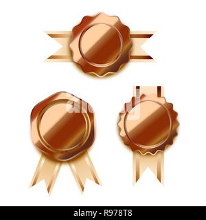 Set os bright bronze awards with tapes, glossy winner badges isolated on white Stock Vector