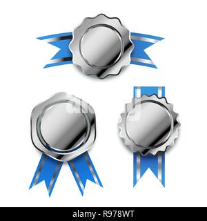 Set os bright silver awards with blue tapes, glossy winner badges isolated on white Stock Vector
