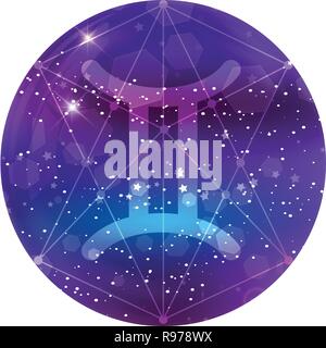 Gemini Zodiac sign and constellation on a cosmic purple sky with glowing stars and nebula isolated on transparent background. Vector neon icon, web bu Stock Vector