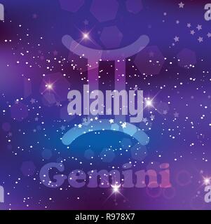 Gemini Zodiac sign and constellation on cosmic purple background with glowing stars and nebula. Vector illustration, banner, poster, twins card. Space Stock Vector