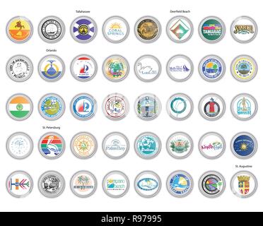 Set of vector icons. Flags and seals of Florida state, USA. 3D illustration. Stock Vector