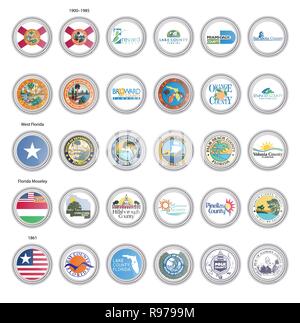 Set of vector icons. Flags and seals of Florida state, USA. 3D illustration. Stock Vector