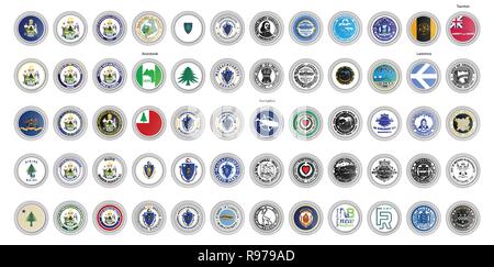 Set of vector icons. Flags and seals of Maine and Massachusetts states, USA. 3D illustration. Stock Vector
