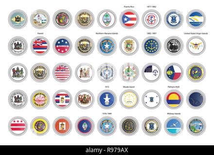 Set of vector icons. Flags and seals of the USA. 3D illustration. Stock Vector