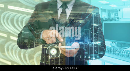 Double exposure of businessman using the tablet with cityscape and financial graph which have earth and world map on computer blurred background, Elem Stock Photo