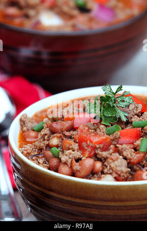 Chili Con Carne with garnish. Extreme shallow depth of field with selective focus on garnished area of chili. Stock Photo