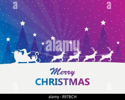Merry Christmas. Santa Claus in a sleigh with reindeer. Greeting card with winter landscape design. Vector illustration Stock Vector
