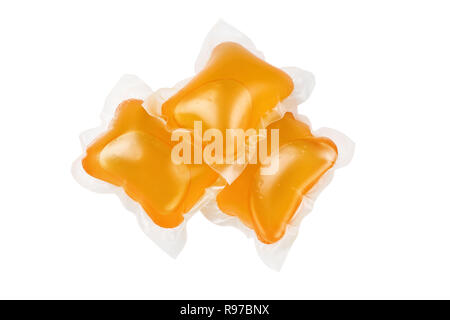 Three pods of washing detergent isolated on a white background with clipping path included. Stock Photo