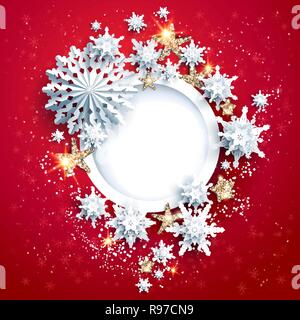 Abstract winter design with snowflakes and deers. Seasonal realistic paper cut holiday card. Stock Vector
