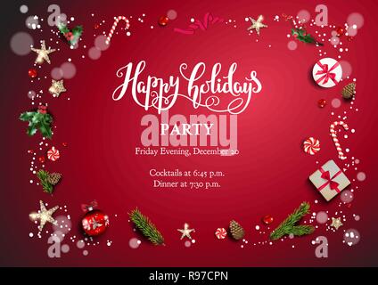 Bright red holiday illustration card with Christmas decorations and baubles, stars, gift boxes, fir tree branches on fairy background. Christmas festive template. Stock Vector