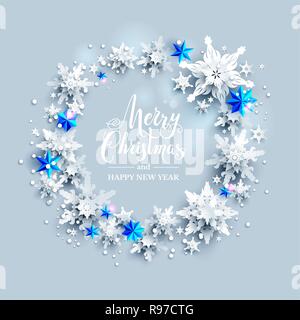 Winter holiday realistic paper cut wreath from snowflakes and stars. Snow christmas decoration for design banner, ticket, invitation, greetings, leaflet and so on. Stock Vector
