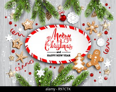 Holiday illustration with baubles, gingerbreads, stars, snowflakes on wood background. Christmas festive template with Christmas tree branches. Stock Vector