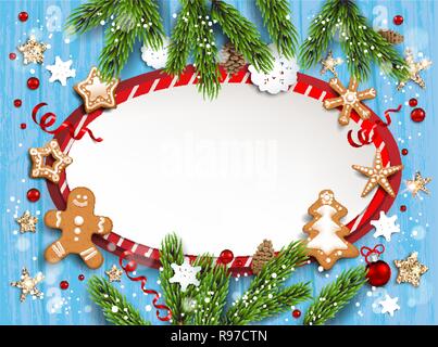Holiday illustration with baubles, gingerbreads, stars, snowflakes on wood background. Christmas festive template with Christnas tree branches. Stock Vector