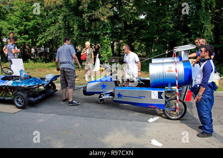 Zagreb, Croatia - June 12, 2011: Funny rocket racing team on Red Bull Soapbox Stock Photo