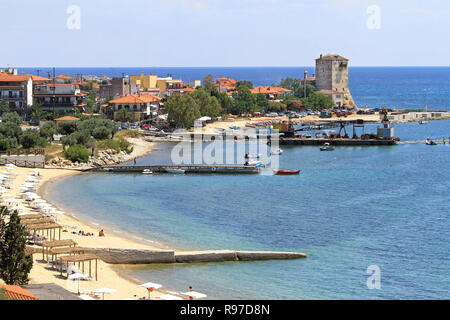 OURANOUPOLI, GREECE - JUNE 27: Ouranoupoli in Chalcidice on JUNE 27, 2011. Aerial view of Ouranoupoli waterfront in Chalcidice, Greece. Stock Photo