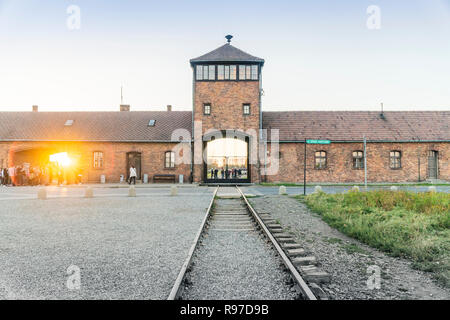 Railway leading to main entrance of Auschwitz Birkenau concentration camp, museum nowadays, Poland Stock Photo