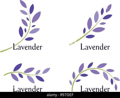 Lavender icons set. Violet leaves and green branch of lavender. Natural herb logo template. Vector illustration. Stock Vector
