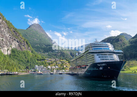 Tui Mein Schiff 1 cruise ship in the harbour at Geiranger, Møre og Romsdal, Sunnmøre, Norway Stock Photo