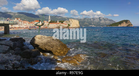 MONTENEGRO, BUDVA, 31 July 2014: View of old district of Budva and the Statue of Ballet Dancer on summer day Stock Photo