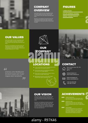 Company profile template - corporation main information presentation - green and gray vertical version Stock Vector