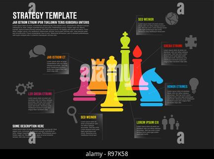 Vector business strategy infographic template with colorful chess figures - dark version Stock Vector