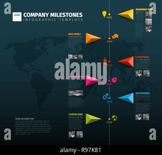 Vector Infographic Company Milestones Timeline Template with pointers on a line and world map in the background - dark vertical version Stock Vector