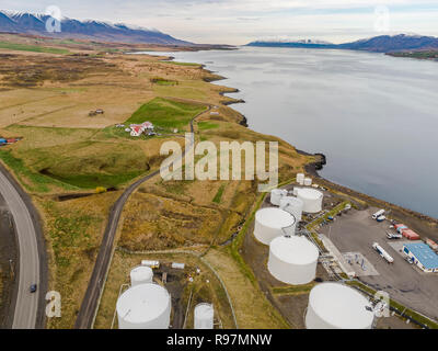 Oil tanks and farmland, Akureyri, Northern Iceland Stock Photo