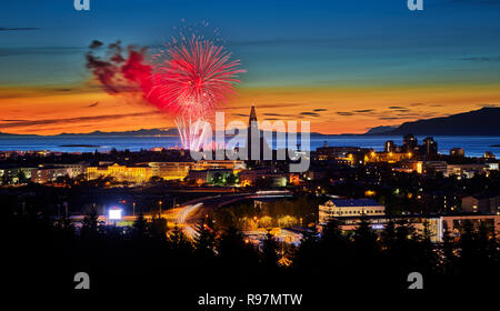 Fireworks over Reykjavik, Iceland. Menningarnott Festival.