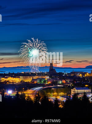 Fireworks over Reykjavik, Iceland. Menningarnott Festival. Stock Photo