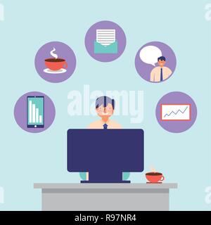 daily activity computer man office work vector illustration Stock Vector