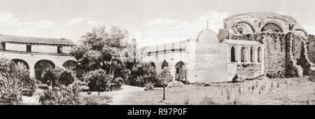 Mission San Juan Capistrano, midway between Los Angeles and San Diego, California, United States of America, c.1915. The mission was founded in 1776.  From Wonderful California, published 1915. Stock Photo