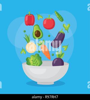 falling vegetables in bowl fresh healthy food vector illustration Stock Vector