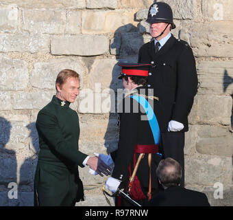 Josh O'Connor and Ben Daniels film a scene for the Netflix drama at Caernarfon Castle. Prince Charles is welcomed to Caernarfon Castle by Anthony Armstong-Jones, Lord Snowdon the Constable of Caernarfon Castle, ahead of his investiture.  Featuring: Ben Daniels, Josh O'Connor Where: Caernafon, Gwynedd, United Kingdom When: 18 Nov 2018 Credit: WENN.com